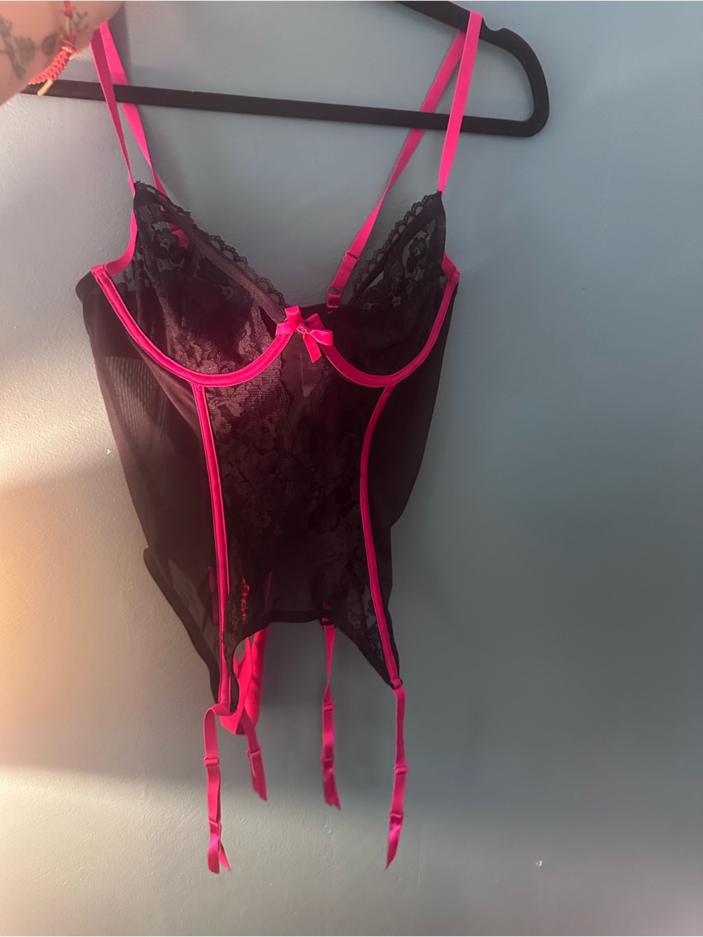 Adore Me Black Bustier with Hot Pink Trim and Garters